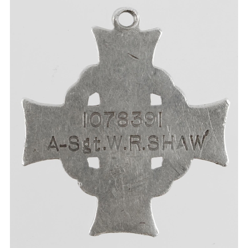 655 - Canadian Memorial Cross (1078391 A-Sgt W R Shaw). Died 13th August 1918 serving with 1st Vet Hospita... 