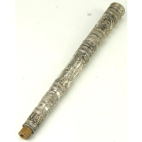 68 - Indian (possibly) unmarked silver parasol or walking stick handle with hidden knife in handle. Blade... 