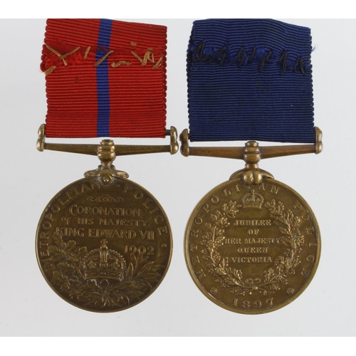 771 - Metropolitan Police 1897 Jubilee Medal (P.C. E J Miller P.Divn) and 1902 Coronation Medal (PC E Mill... 