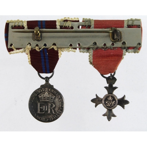 812 - Miniature medal group mounted as worn - OBE Civil, and 1953 Coronation Medal, both on female ribbons