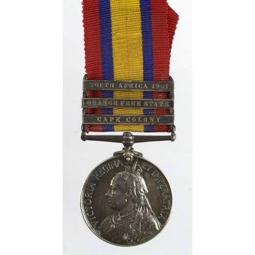 854 - QSA with bars CC/OFS/SA01 named (5564 Pte J Lee 2nd Northampton Regt) medal roll states 'Invalided'.... 