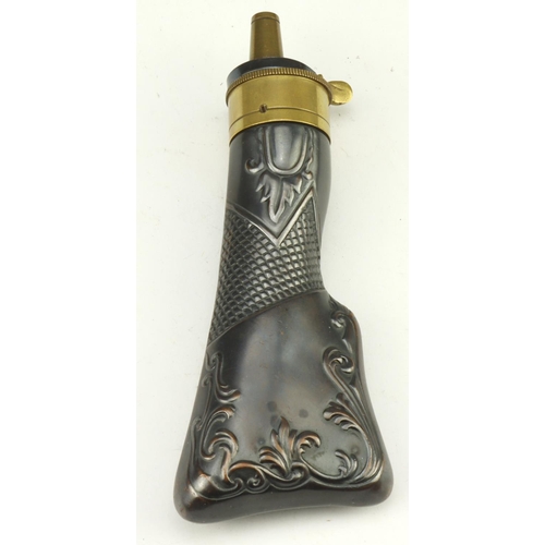 88 - Powder flask in the shape of a rifle butt, good quality reproduction, embossed design on both sides,... 