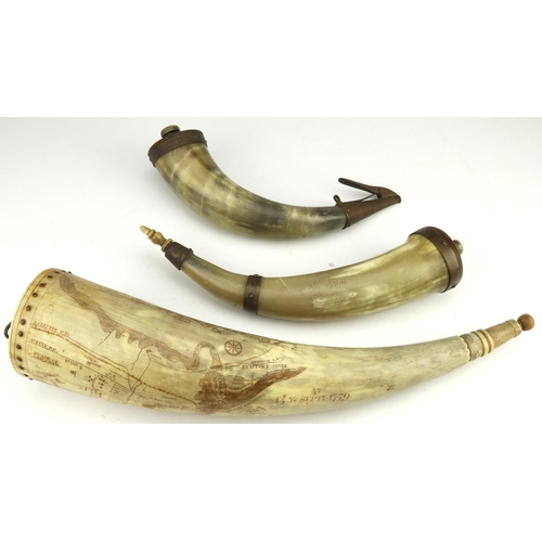 91 - Powder horns, three good modern cow-horn reproductions, being 1) copy of a 1759 north american horn,... 