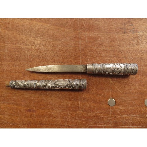 68 - Indian (possibly) unmarked silver parasol or walking stick handle with hidden knife in handle. Blade... 