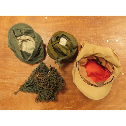 1027 - German M43 Cap (no badge), Japanese Cap, German Helmet nets, and a German Desert Hat (no badge)