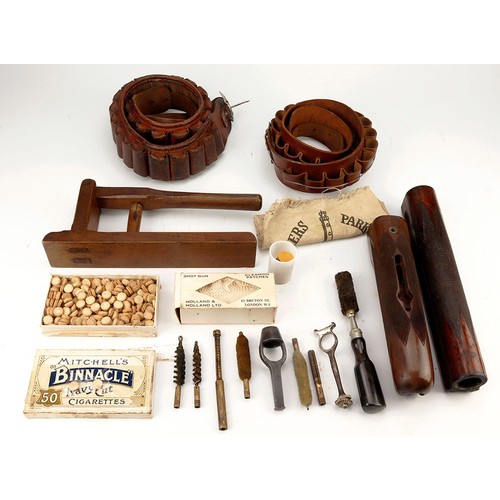 101 - Sporting gun accessories, mixed group of 12-gauge vintage and antique items in an elderken crate, in... 