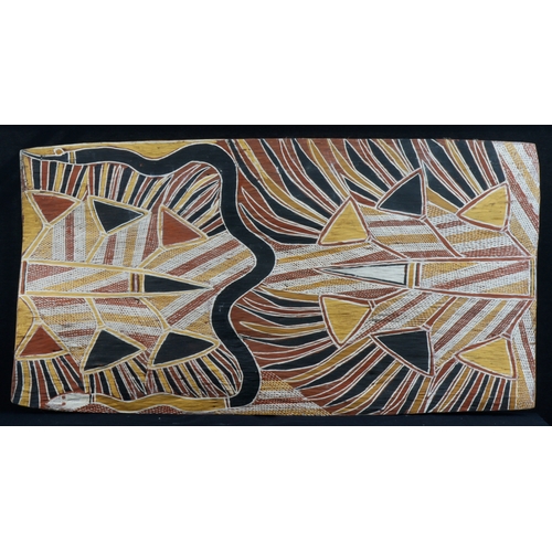 1 - Aboriginal Art. A bark painting of abstract imagery painted onto Eucalyptus bark. Measures approx 73... 