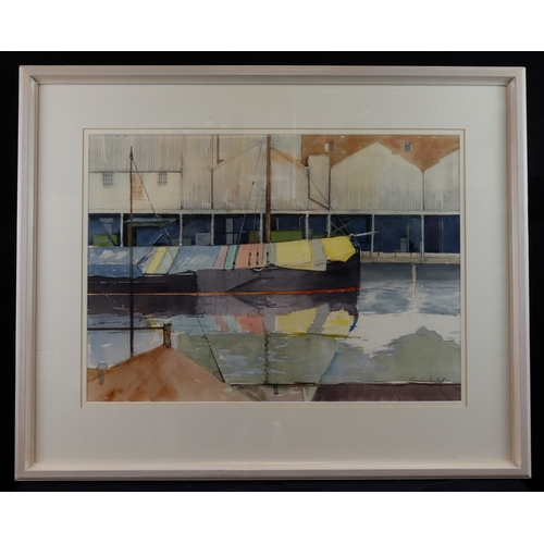 14 - Bartlett, Charles (British 1921-2014) Watercolour titled, 'Barge Under Cover'. Signed lower right. I... 