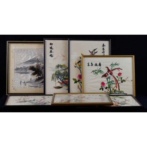 18 - Collection of seven Chinese silk tapestries depicting various birds and sceneries. All framed. Sizes... 