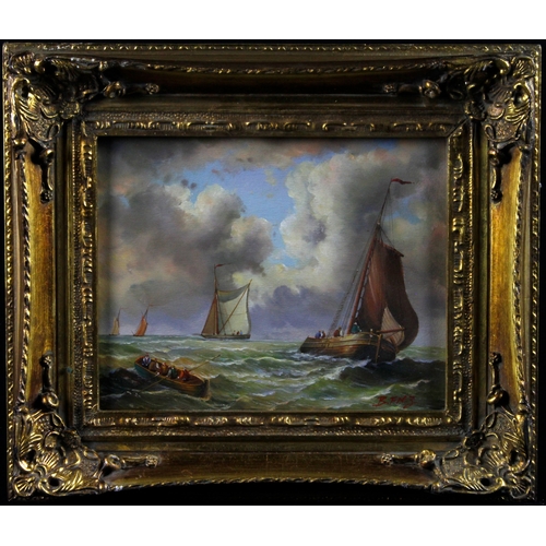 23 - Fitz, B. Oil on canvas depicting sailing vessels and figures in a rowing boat in rough waters. Signe... 