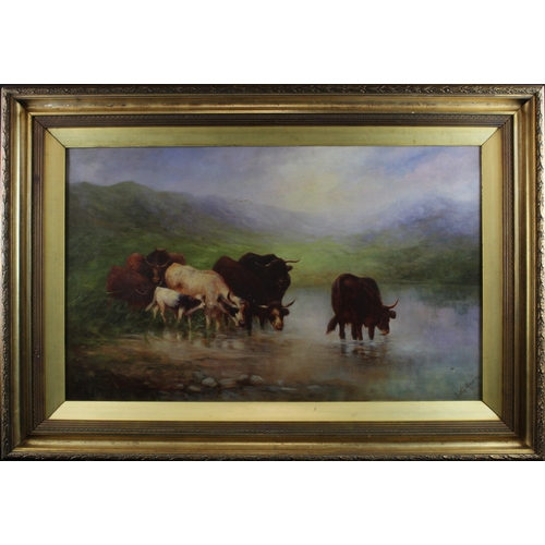 25 - Harris, Lottie. Oil on canvas depicting highland cattle watering at a mountain lake. Signed lower ri... 