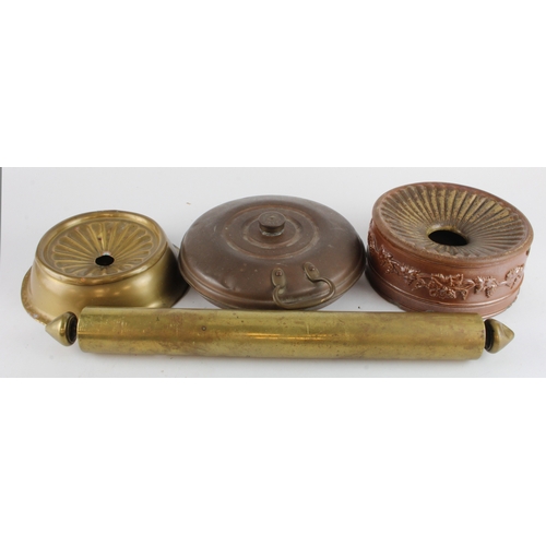262 - 19th c. stone-ware pottery  spittoon (some damages), an early brass spittoon, a brass rolling pin an... 