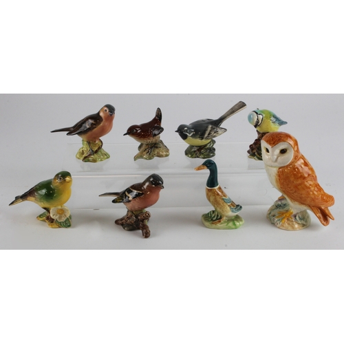 268 - Beswick. Eight various Beswick birds, including Owl, Chaffinch, Grey Wagtail, etc., makers marks to ... 