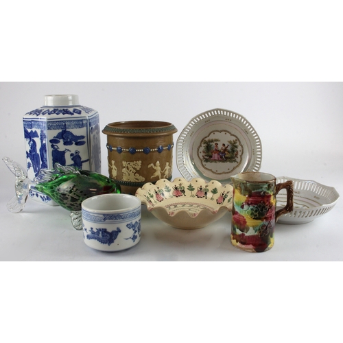 269 - Ceramics & Glass. A collection of seven ceramic and glass items, including a pair of 19th Century te... 