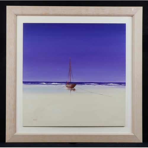 27 - Hilton. Oil on board depicting a boat at low tide on empty white beach. Signed lower left. Image mea... 