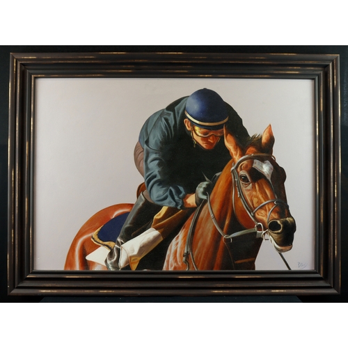 28 - Horse Racing interest. Acrylic on canvas depicting a jockey and horse in action. Signed lower right ... 