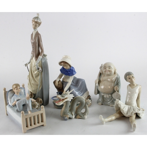 287 - Figures. A group of various figures (incl. Lladro & Nao), including a girl feeding a cat, a well dre... 