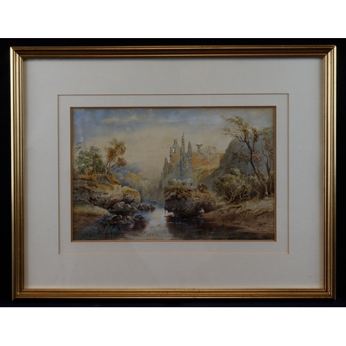 29 - James Burrell Smith (1822-1897), Watercolour, lanscape depicting ruins, with a fisherman by a river,... 