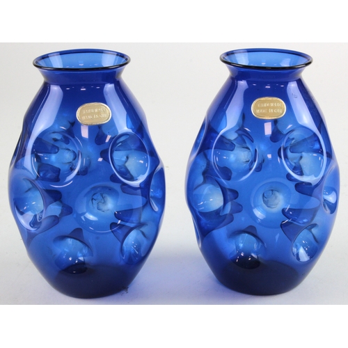 292 - Glass. A pair of blue fine glass vases, with bubble pattern, both with label 'Hand Made, Made in GPR... 