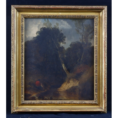 33 - Ladbrooke, Robert (British 1770 - 1842) Oil on panel titled, 'An Angler by a Stream'. Title and gall... 