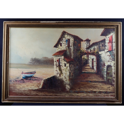 37 - Lucas. Oil on board, depicting an Italian coast scene with traditional buildings, signed to lower ri... 