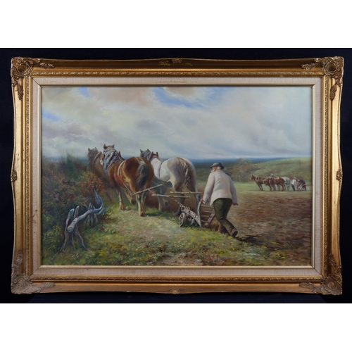 41 - Myles, D. Oil on canvas depicting a rural scene of a farmer tilling a field with horses. Canvas meas... 