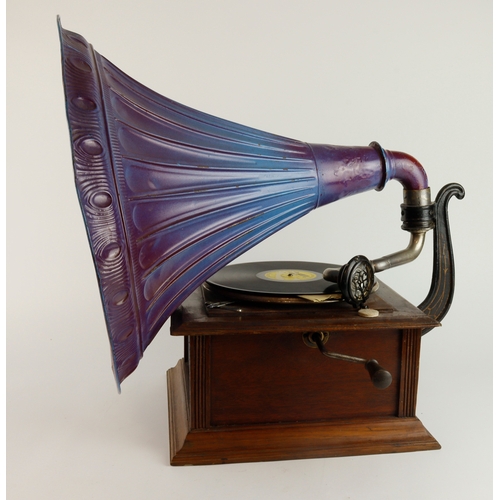 411 - Tabletop gramophone with horn, horn diameter 49cm approx. working at time of cataloguing (sold as se... 