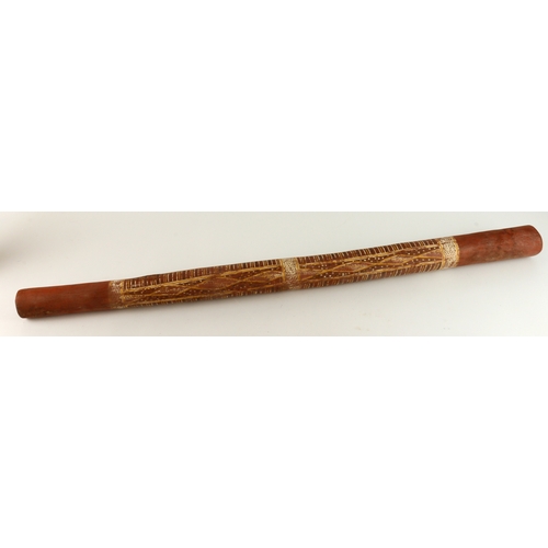 443 - Aboriginal didgeridoo, hand painted with a traditional  design, length 88cm approx.