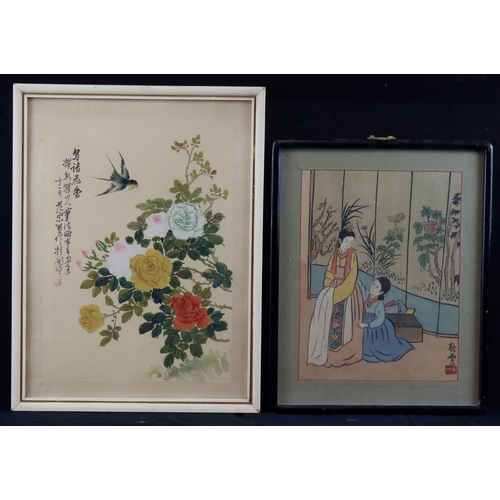 45 - Pair of Chinese paintings on silk canvas. The first depicting flowers and bird, with Chinese charact... 