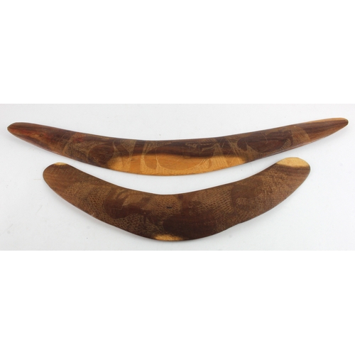 456 - Boomerangs. Two Aboriginal boomerangs, both with carved decoration, length 70cm & 48cm approx.