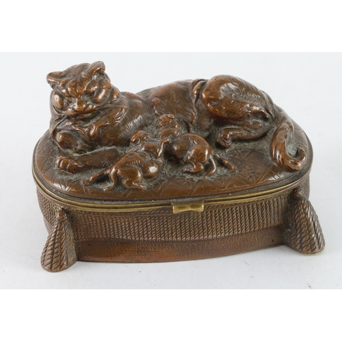 458 - Brass trinket box, with a cat and kittens to lid, signed to side (faded), manuscript note to base li... 