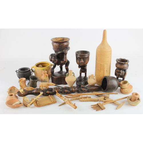 462 - Carvings. A group of various carved wood items, including figural bowls, ladle, etc., together with ... 