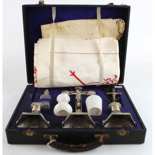 467 - Communion / Sick Call set, containing large cross (height 26cm approx.) with matching candlesticks, ... 