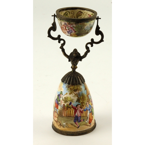 468 - Continental enamel decorated wager cup of female form, circa 19th Century, depicting a figural scene... 