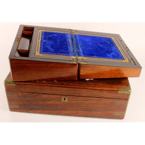 492 - Mahogany writing slope, with walnut veneer with inlaid decoration, blue velvet writing surface to in... 