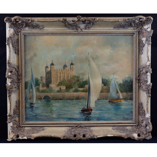 51 - S. Duran. Oil on canvas, depicting the Tower of London, with boats sailing in the Thames, signed by ... 