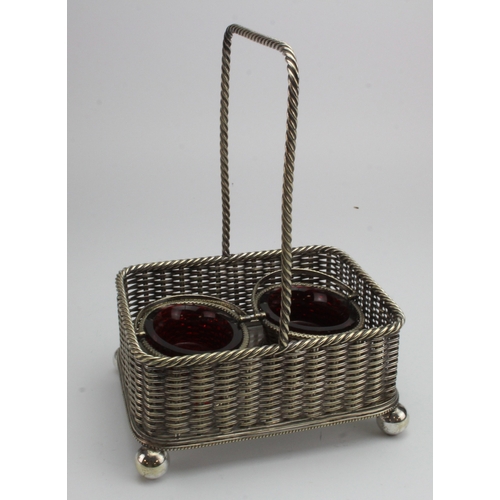 513 - Silver plated woven design basket & two smaller condiments with glass liners, basket size height 23c... 