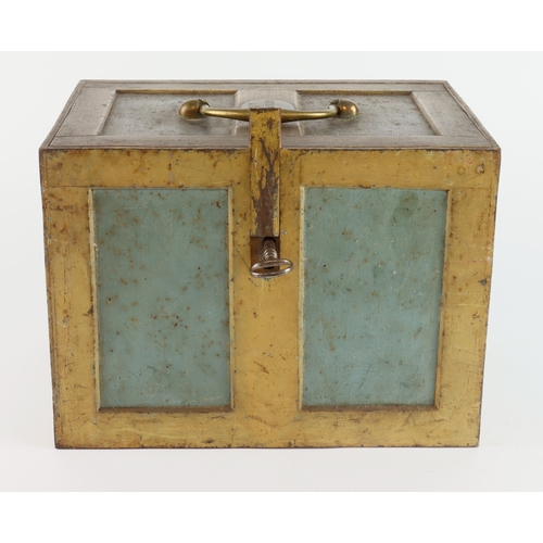 516 - Strong box, with brass carry handle and plaque to lid, reads 'Wm. Shepherd', key present, height 21c... 