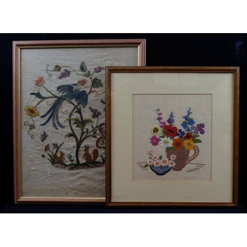 517 - Tapestries. Two tapestries, one depicting two squirrels, a bird and flowers (39cm x 50cm approx.), t... 