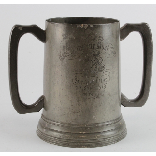 521 - Tees Amateur Boat Club large  two handled pewter tankard which reads 