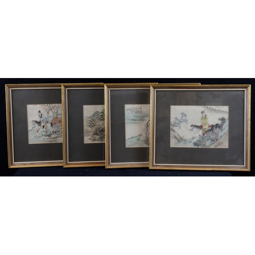 53 - Set of four Chinese paintings on silk depicting figures and landscapes. All framed and glazed. Frame... 