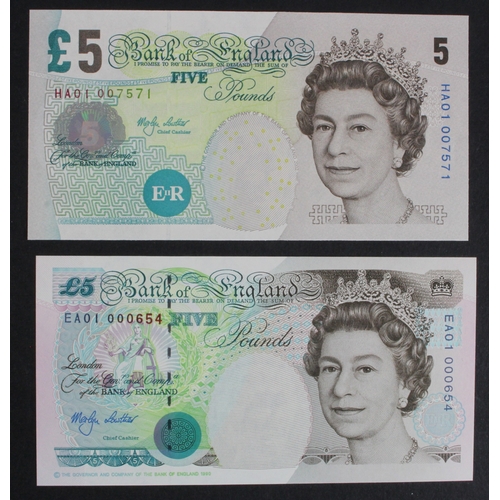 101 - Lowther 5 Pounds (B380 & B393) issued 1999 and 2002, 2 x FIRST RUN notes 'EA01' prefix and 'HA01' pr... 