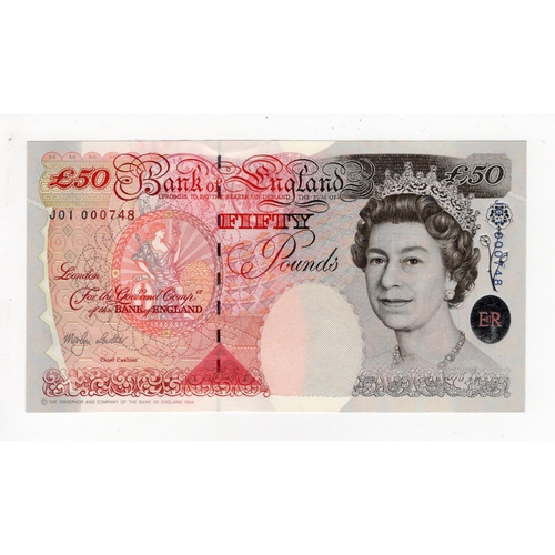 102 - Lowther 50 Pounds (B385) issued 1999, Sir John Houblon on reverse, FIRST RUN 'J01' prefix with VERY ... 