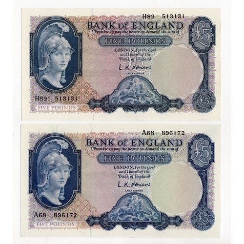 107 - O'Brien 5 Pounds (2) issued 1957 & 1961, Lion & Key, both FIRST SERIES prefixes, serial A68 896172 &... 