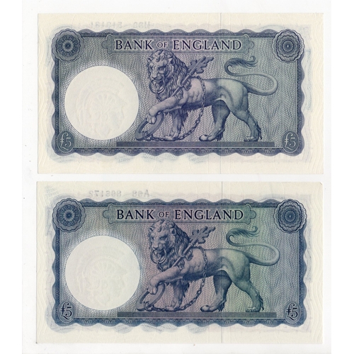 107 - O'Brien 5 Pounds (2) issued 1957 & 1961, Lion & Key, both FIRST SERIES prefixes, serial A68 896172 &... 