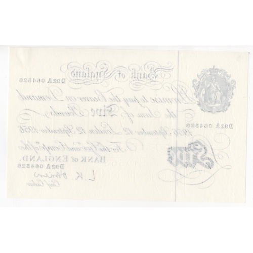 108 - O'Brien 5 Pounds (B276) dated 12th September 1956, final year of issue of white notes, serial D92A 0... 