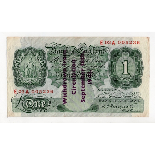 121 - Peppiatt 1 Pound (B239A) Guernsey Overprint 'Withdrawn from circulation September 18th 1941', serial... 