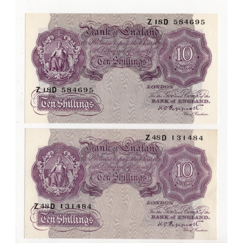 122 - Peppiatt 10 Shillings (B251) issued 1940 (2), mauve WW2 emergency issue, serial Z18D 584695 & Z48D 1... 