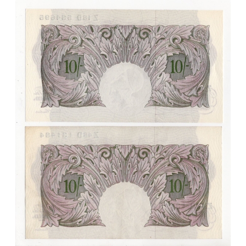 122 - Peppiatt 10 Shillings (B251) issued 1940 (2), mauve WW2 emergency issue, serial Z18D 584695 & Z48D 1... 