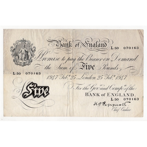 130 - Peppiatt 5 Pounds (B264) dated 25th February 1947, serial L50 070163, London issue on thin paper (B2... 